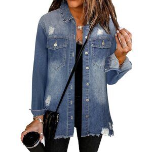 Women's Oversized Jean Jacket  Long Sleeve Denim Distressed Frayed Hem Blue